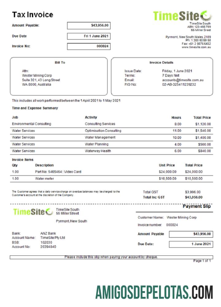 Fatura de aplicativo fácil de usar do Australia TimeSite exemplo